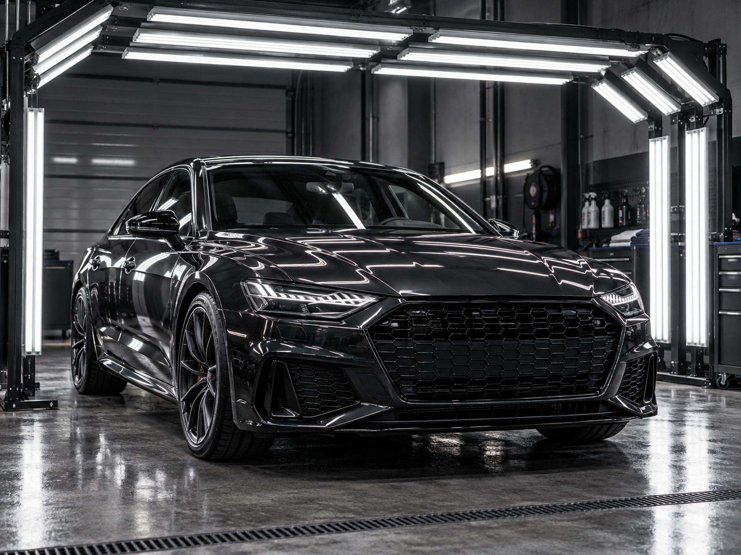voiture sombre sous un portique de lampes LED, atelier industriel